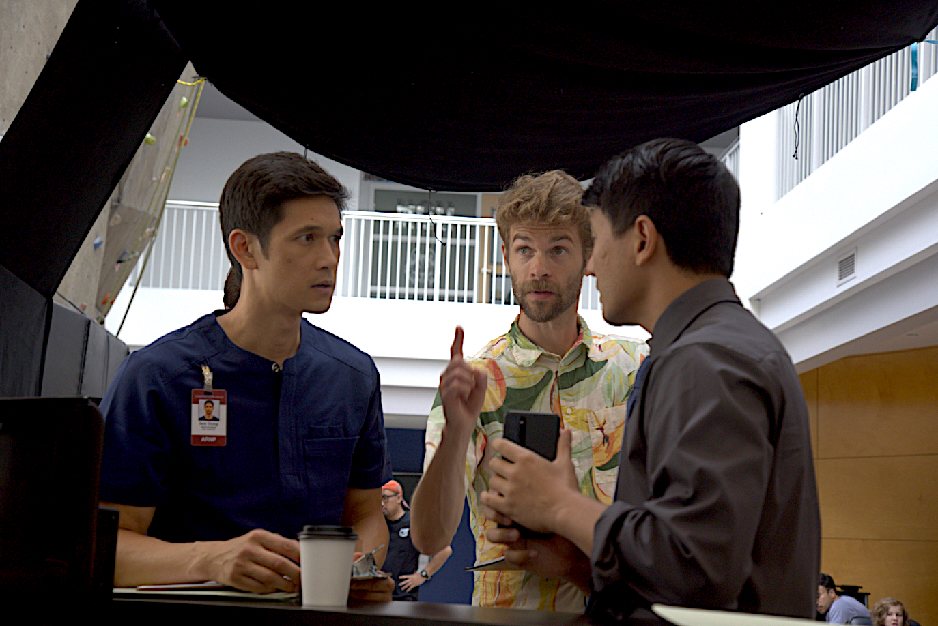 Chris Hartwell on set with Harry Shum Jr. and Ronny Chieng